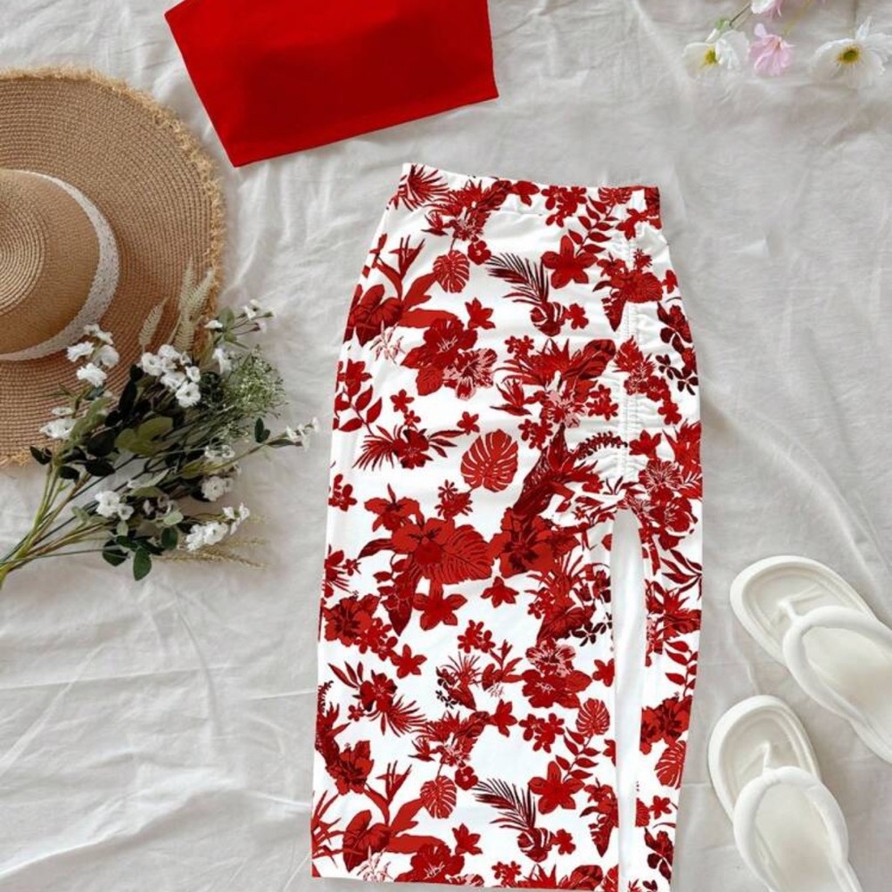 2pc Red and White Floral Skirt